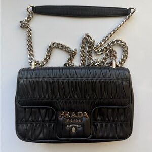 Prada Nappa Gauffre Black Leather Shoulder Bag with Silver Chain